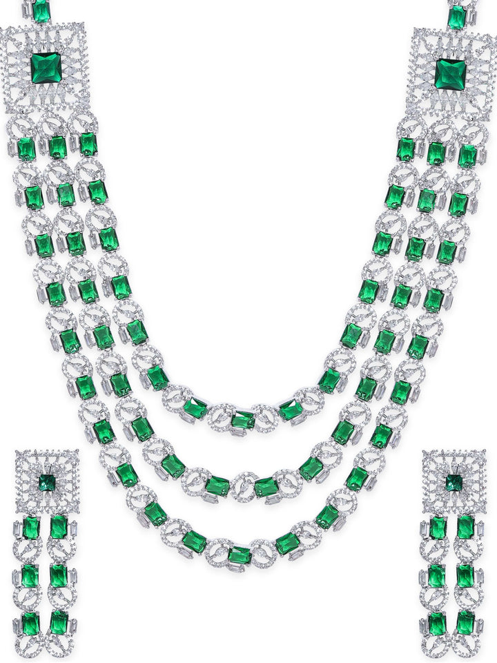 Rubans Rhodium Plated Green Zirconia Tri-Layer Luxury Necklace Set Jewellery Sets