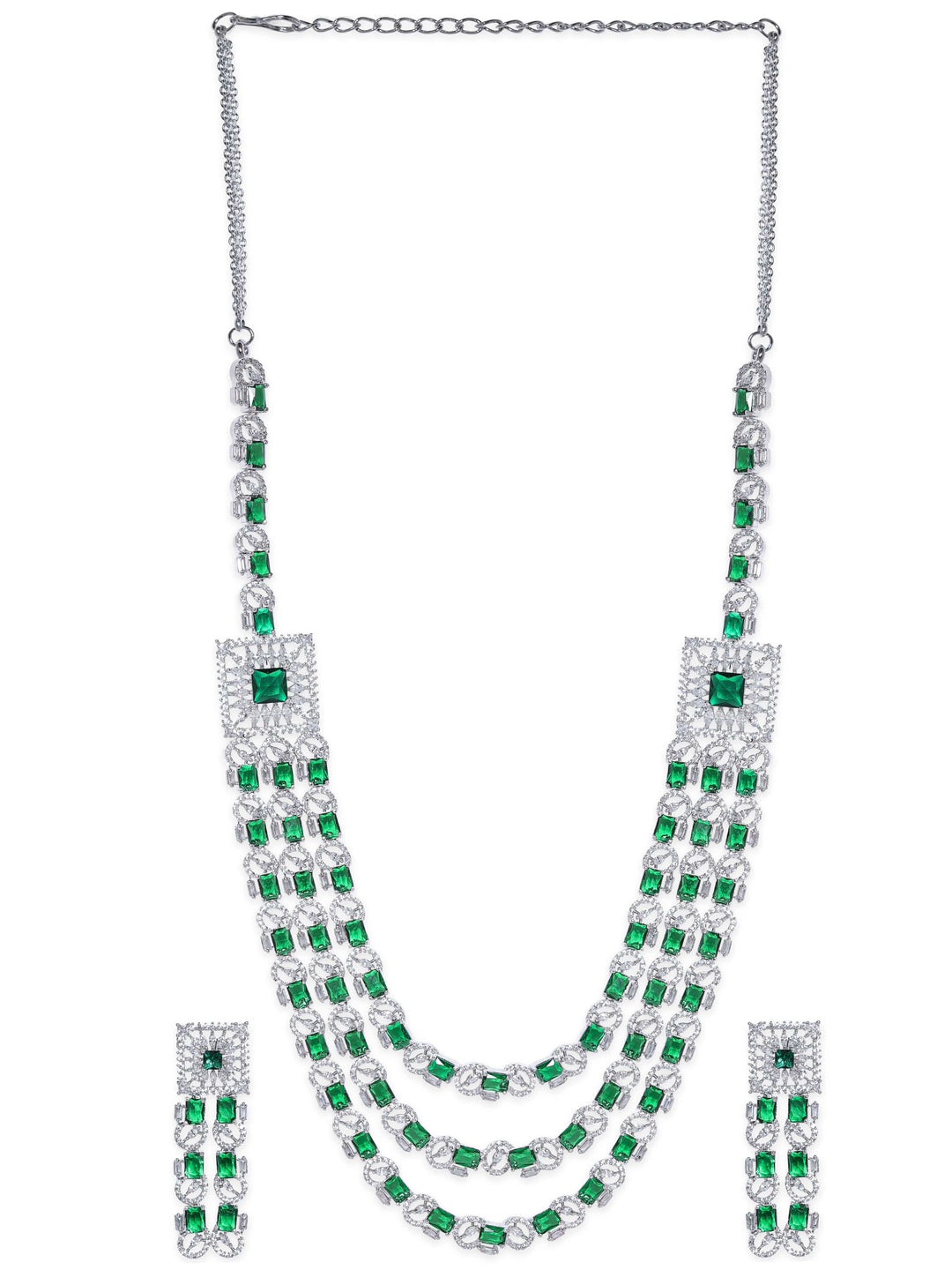 Rubans Rhodium Plated Green Zirconia Tri-Layer Luxury Necklace Set Jewellery Sets