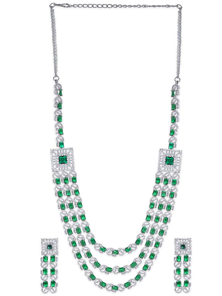 Rubans Rhodium Plated Green Zirconia Tri-Layer Luxury Necklace Set Jewellery Sets