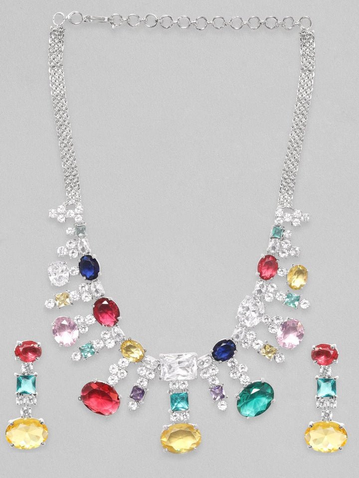 Rubans Rhodium Plated Multicolour Premium Zirconia Necklace Set Necklace Set