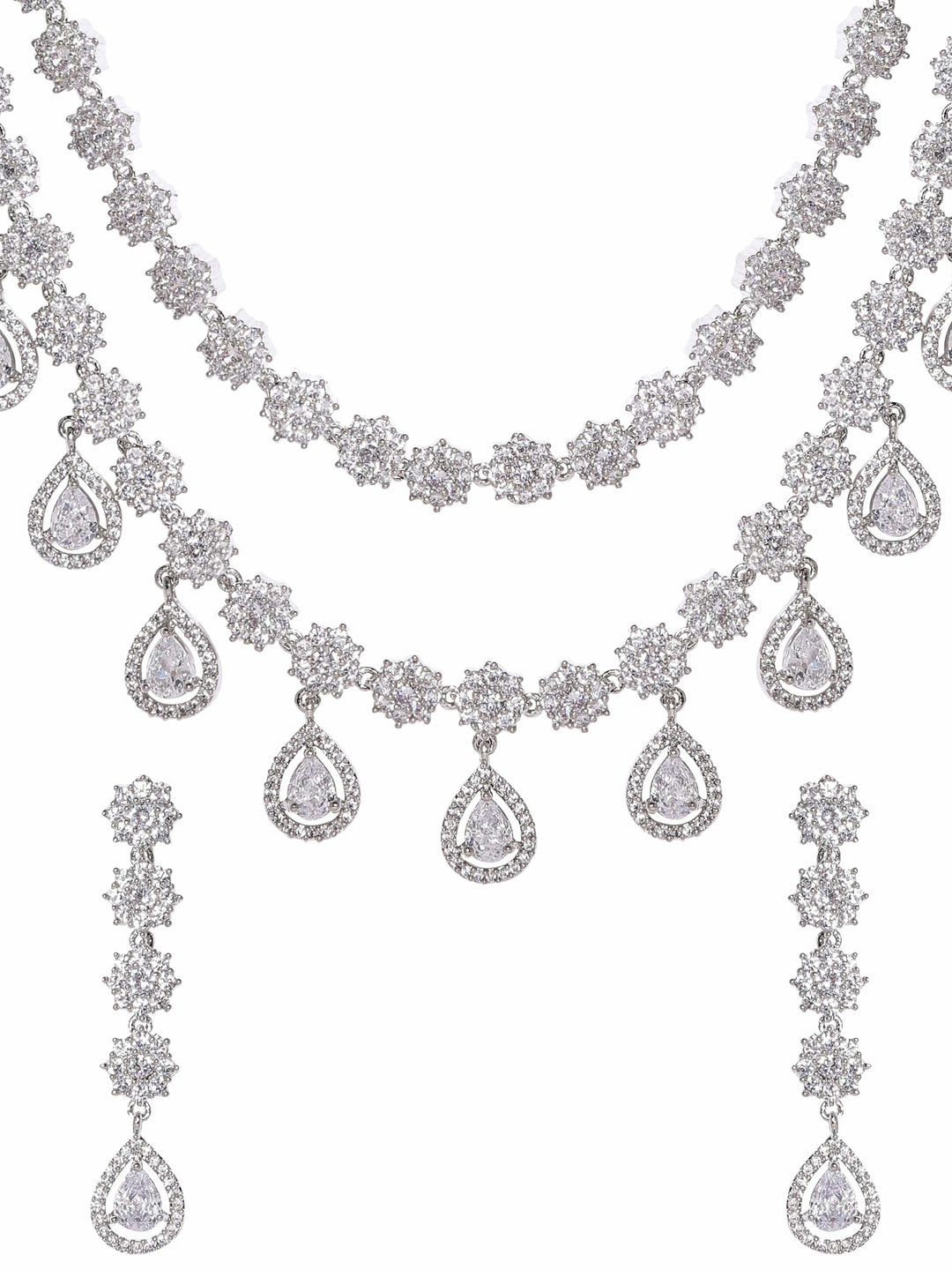 Rubans Rhodium plated Pave Zirconia studded Dual layer Party wear Necklace Set Jewellery Sets