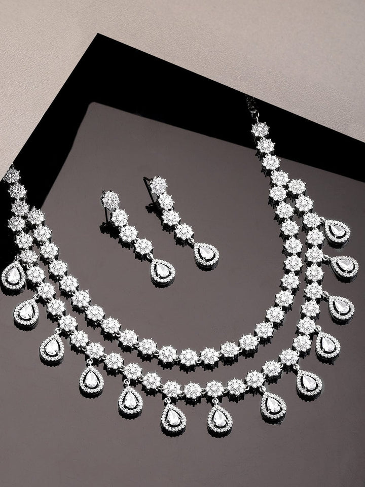 Rubans Rhodium plated Pave Zirconia studded Dual layer Party wear Necklace Set Jewellery Sets