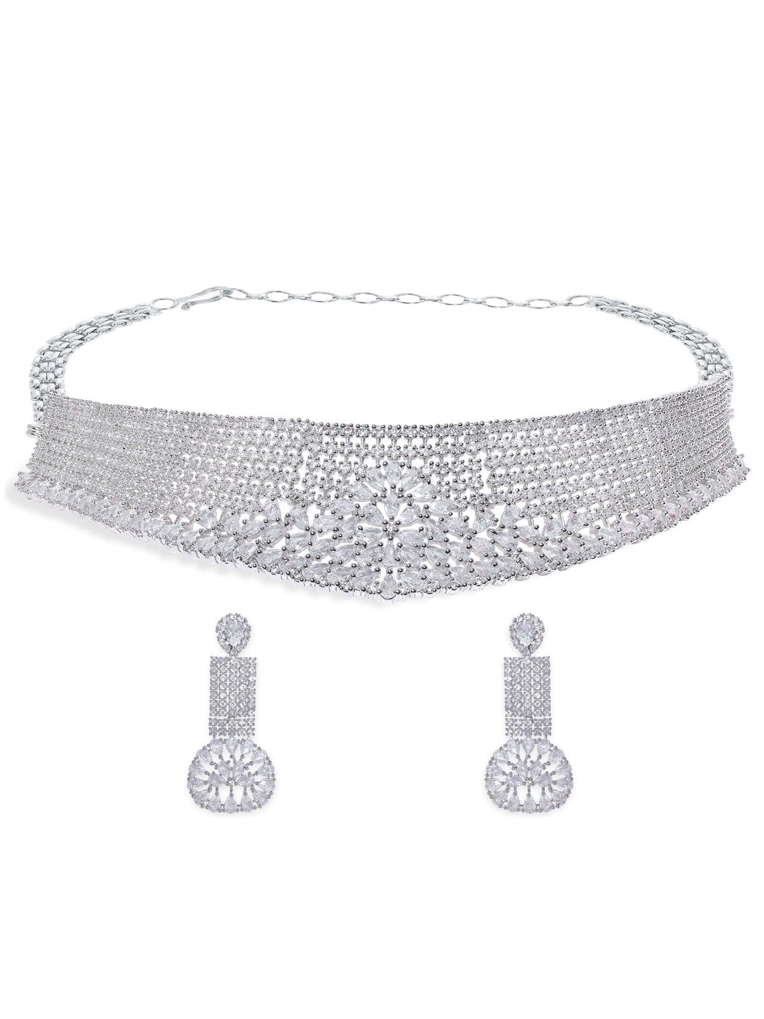 Rubans Rhodium plated pave zirconia studded statement  choker necklace Jewellery Sets