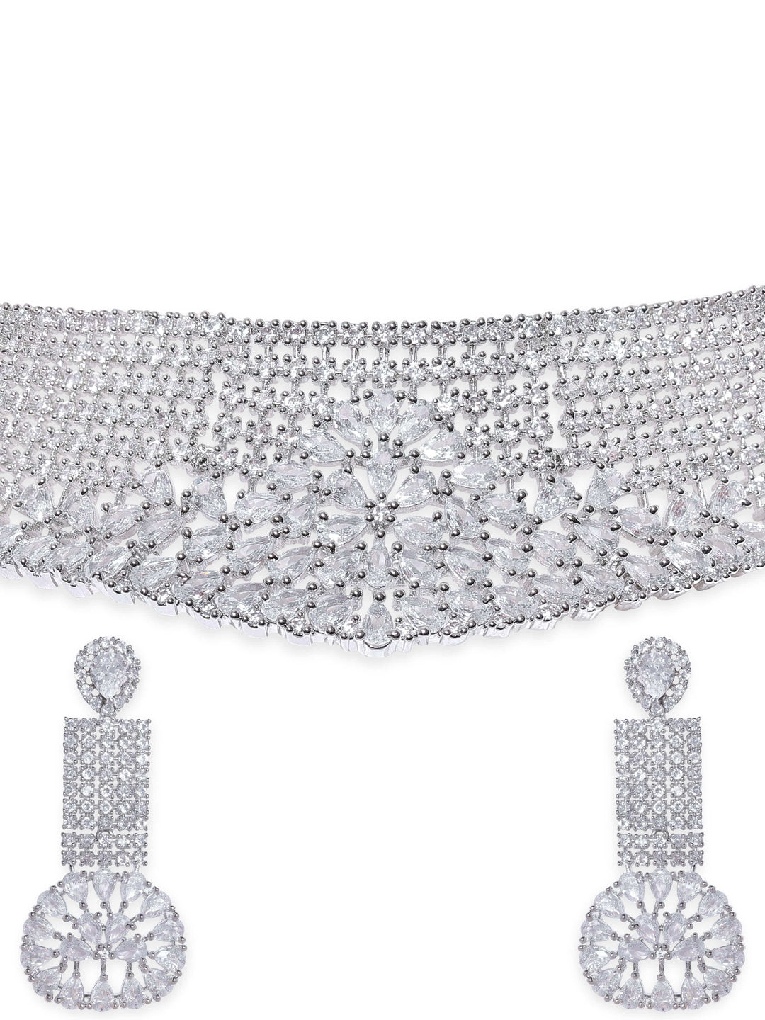 Rubans Rhodium plated pave zirconia studded statement  choker necklace Jewellery Sets