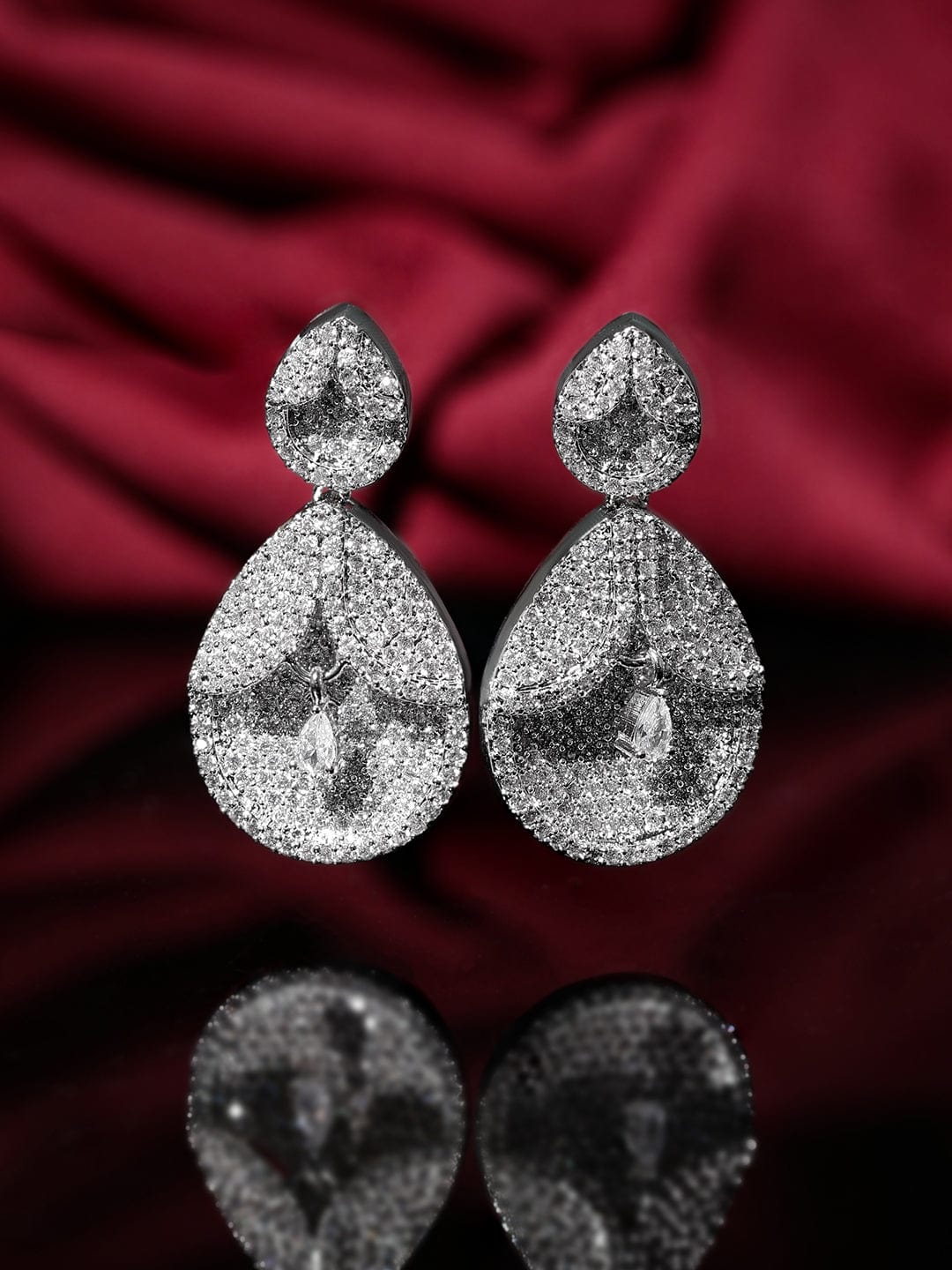 Rubans Rhodium plated Pave Zirconia Studded Statement Dangle Earrings Earrings