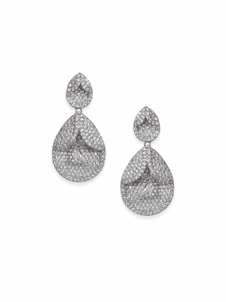 Rubans Rhodium plated Pave Zirconia Studded Statement Dangle Earrings Earrings