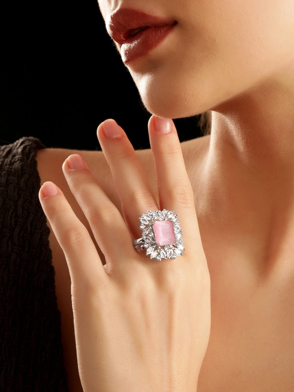 Rubans Rhodium plated pink zirconia studded Statement Ring Rings