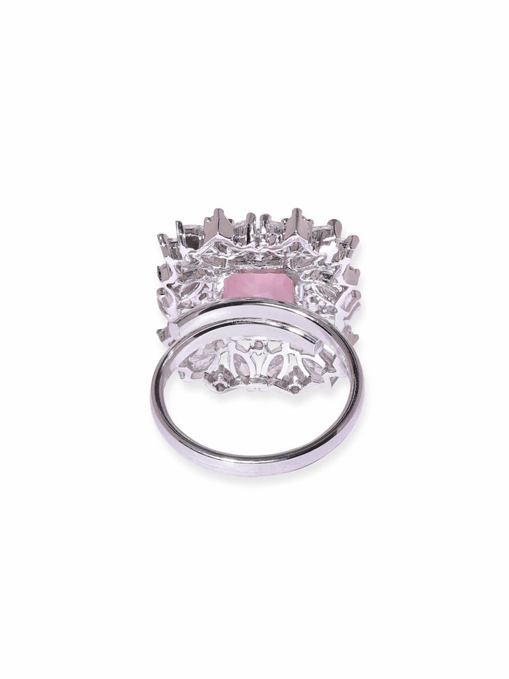 Rubans Rhodium plated pink zirconia studded Statement Ring Rings