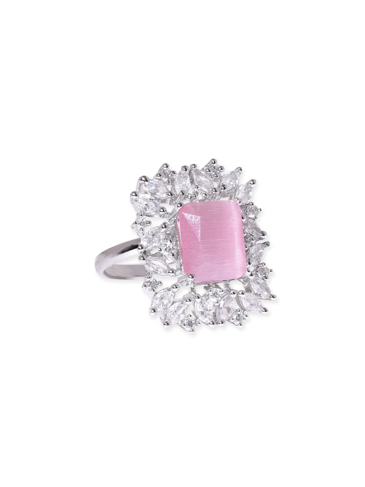 Rubans Rhodium plated pink zirconia studded Statement Ring Rings