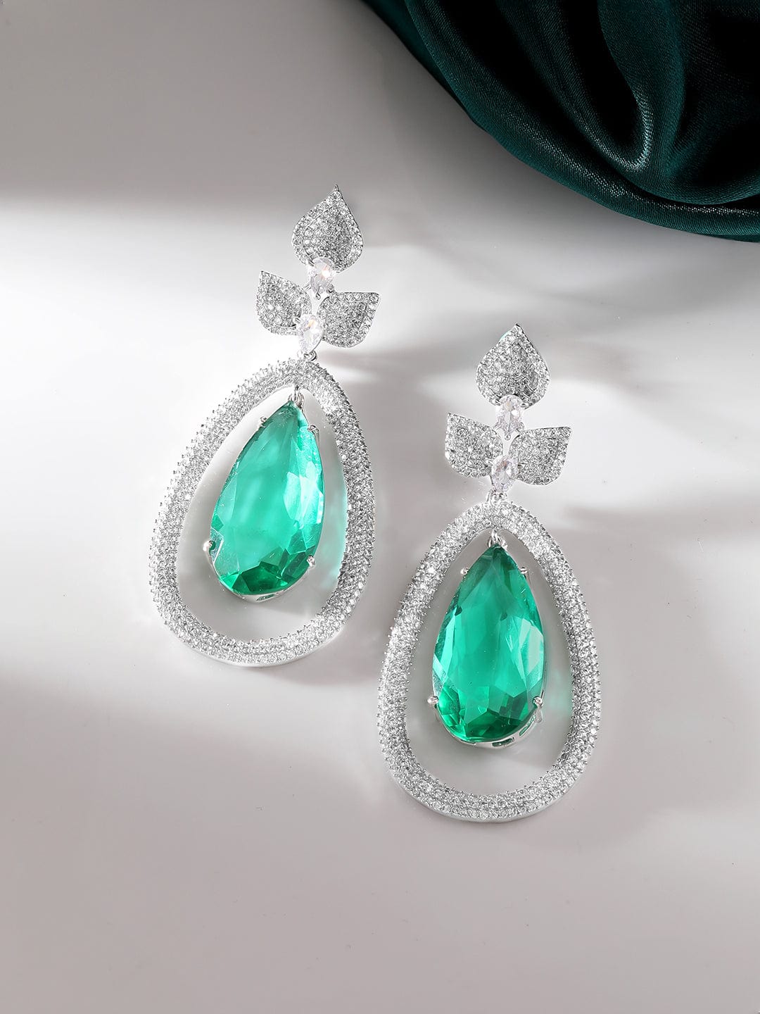 Rubans Rhodium Plated Premium Emerald Zircons Studded Dangle Earring Earrings