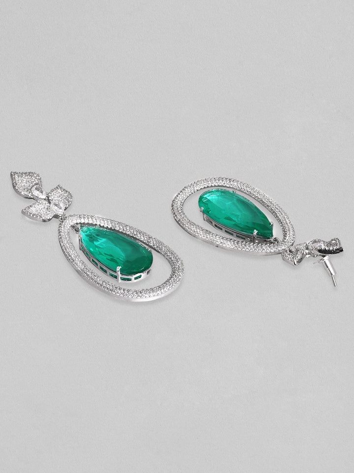 Rubans Rhodium Plated Premium Emerald Zircons Studded Dangle Earring Earrings