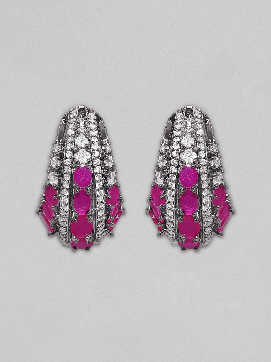 Rubans Rhodium Plated Premium Pink Zircons Studded Party Wear Statement Hoop Earrings Earrings