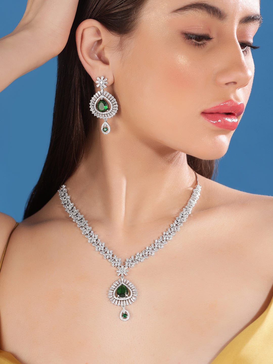 Rubans Rhodium Plated Premium White And Green Pear Zircons Studded Classy Statement Jewellery Set Necklace Set