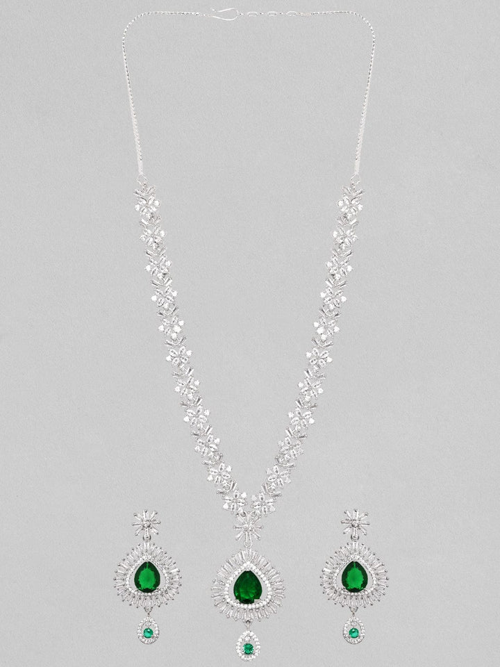 Rubans Rhodium Plated Premium White And Green Pear Zircons Studded Classy Statement Jewellery Set Necklace Set