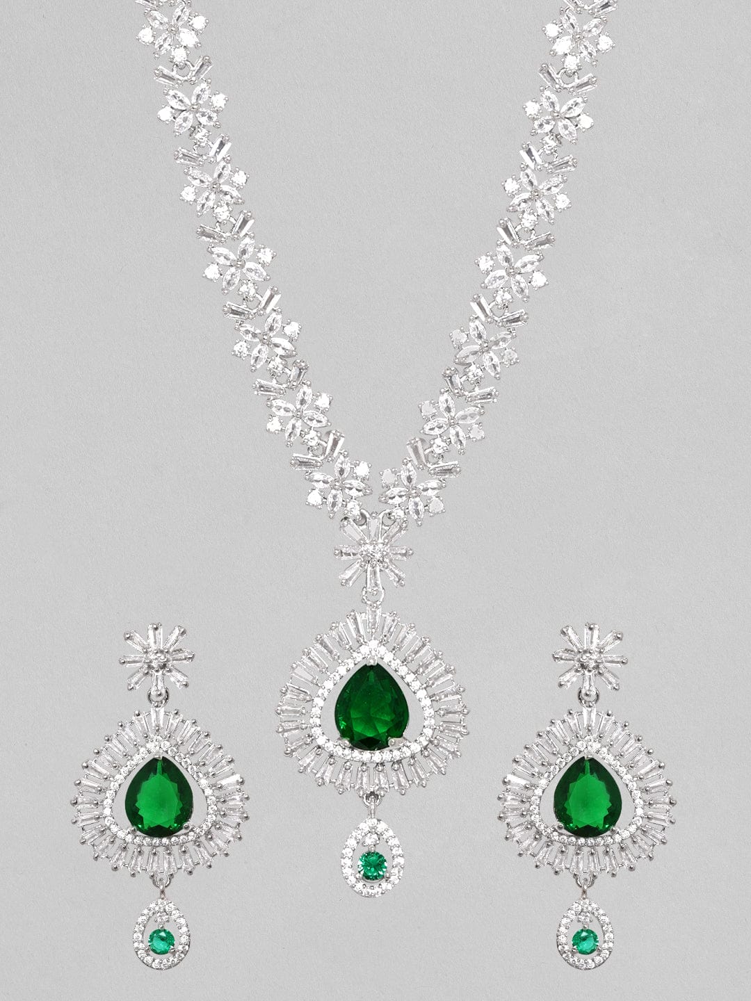 Rubans Rhodium Plated Premium White And Green Pear Zircons Studded Classy Statement Jewellery Set Necklace Set