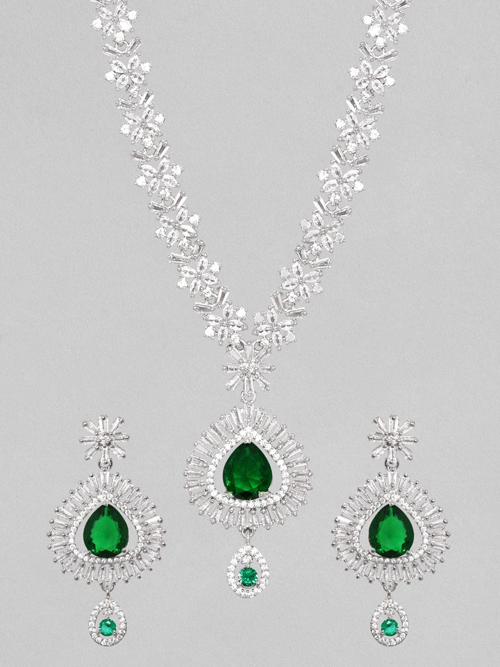 Rubans Rhodium Plated Premium White And Green Pear Zircons Studded Classy Statement Jewellery Set Necklace Set