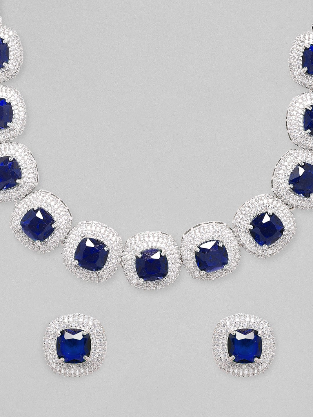 Rubans Rhodium Plated Premium White & Blue Sapphire Zircons Studded Earring And Necklace Set.¬† Necklace Set