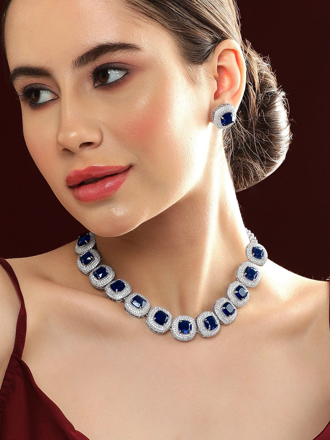 Rubans Rhodium Plated Premium White & Blue Sapphire Zircons Studded Earring And Necklace Set.¬† Necklace Set