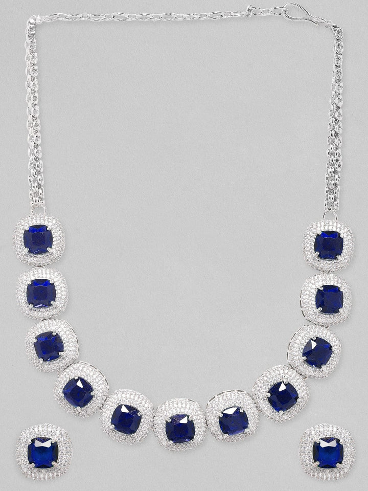 Rubans Rhodium Plated Premium White & Blue Sapphire Zircons Studded Earring And Necklace Set.¬† Necklace Set