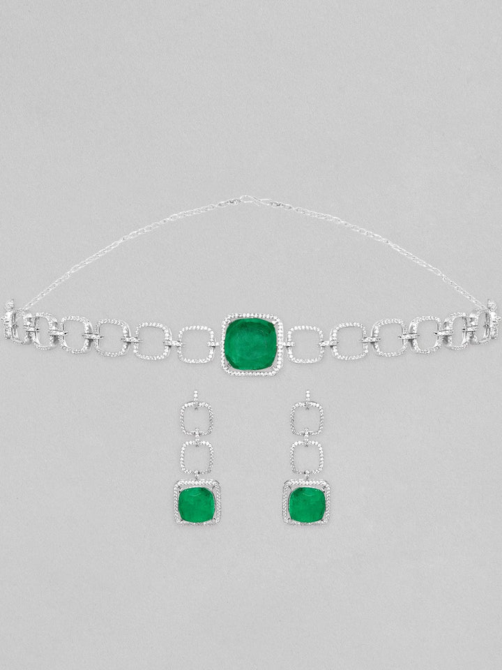 Rubans Rhodium Plated Premium White & Emerald Solitaire Zircons Jewellery Set Necklace Set