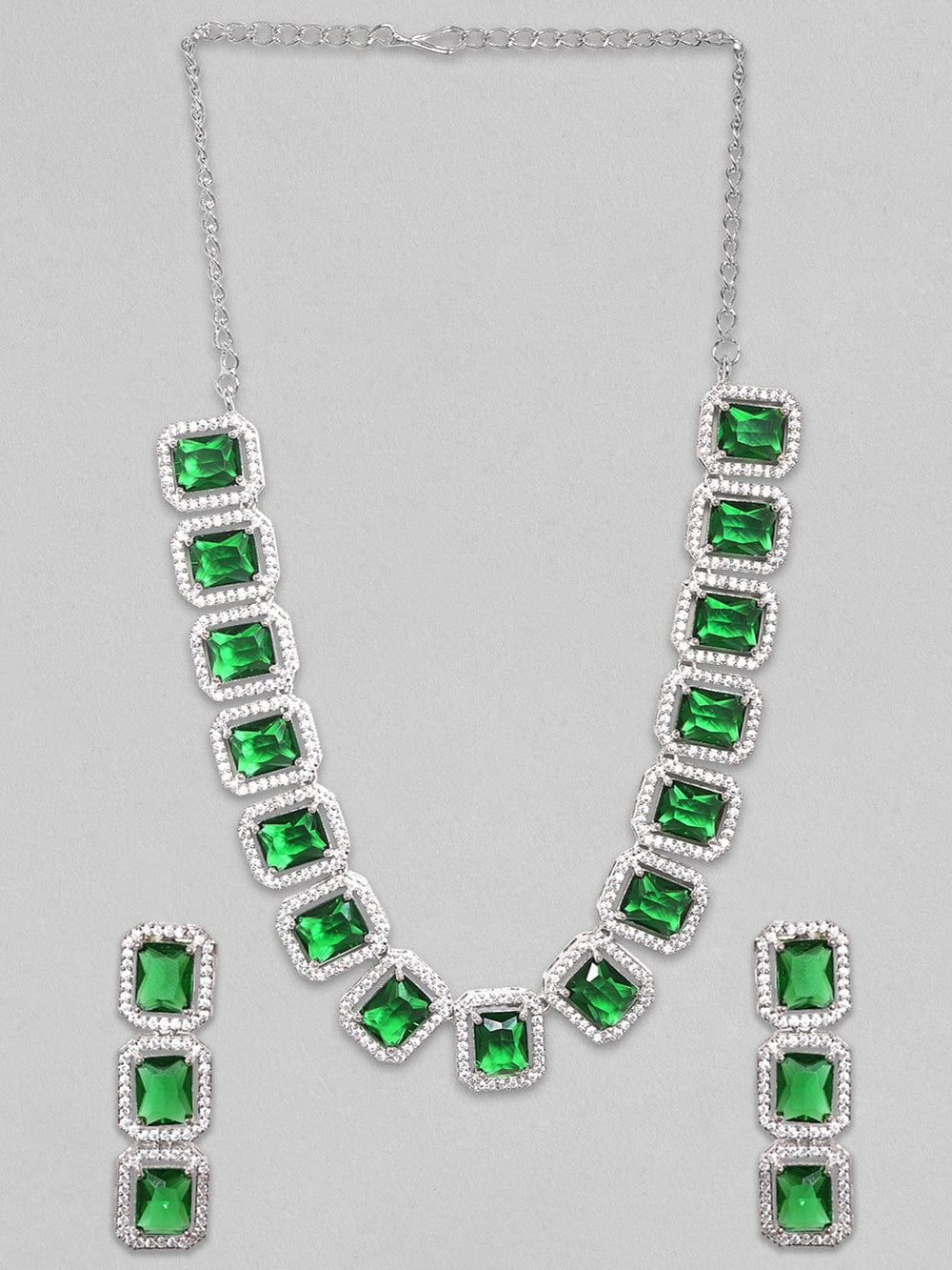 Rubans Rhodium Plated Premium White & Emerald Solitaire Zircons Necklace Set Necklace Set