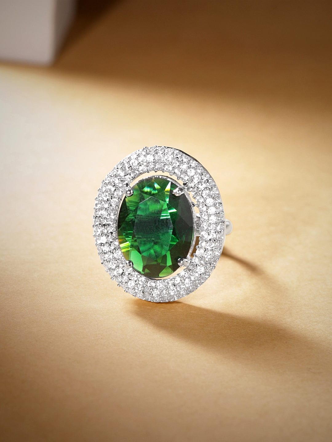 Rubans Rhodium Plated Premium White & Emerald Zircons Adjustable Ring. Rings