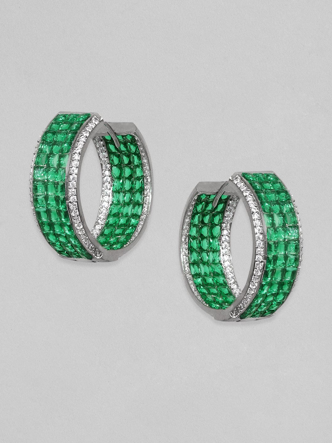 Rubans Rhodium Plated Premium White & Emerald Zircons Hoop Earring Earrings