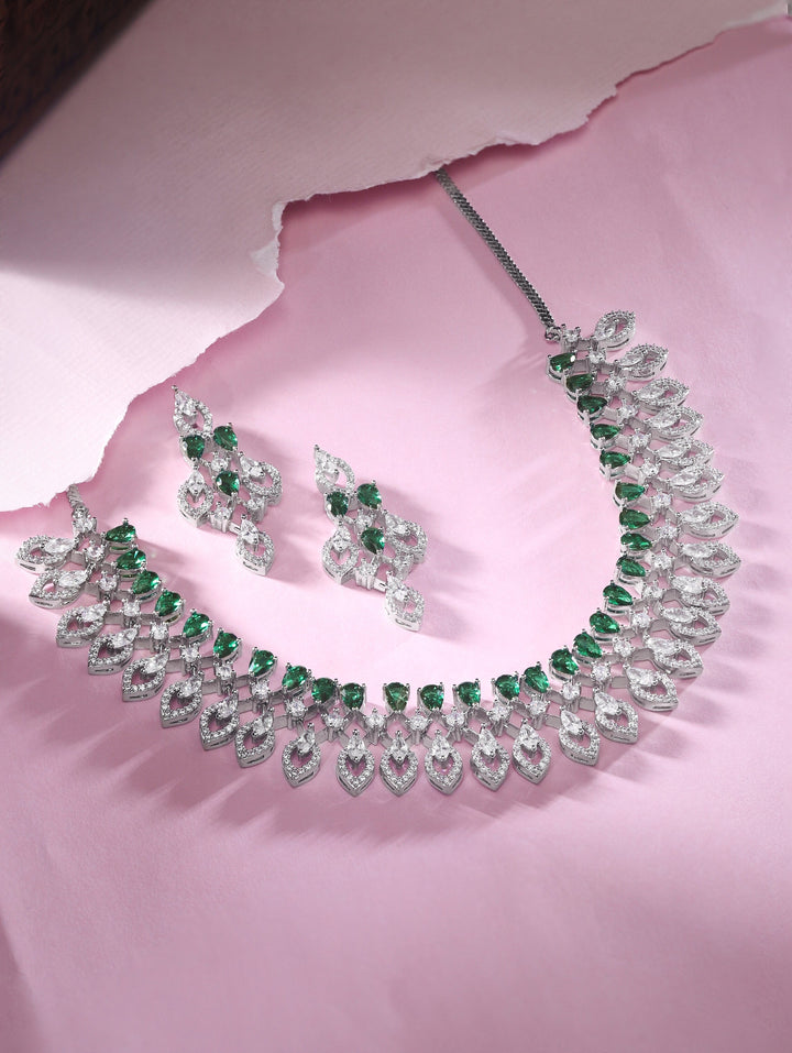 Rubans Rhodium-Plated Premium White & Green Zircons Studded Party Wear Statement Jewellery Set Necklace Set