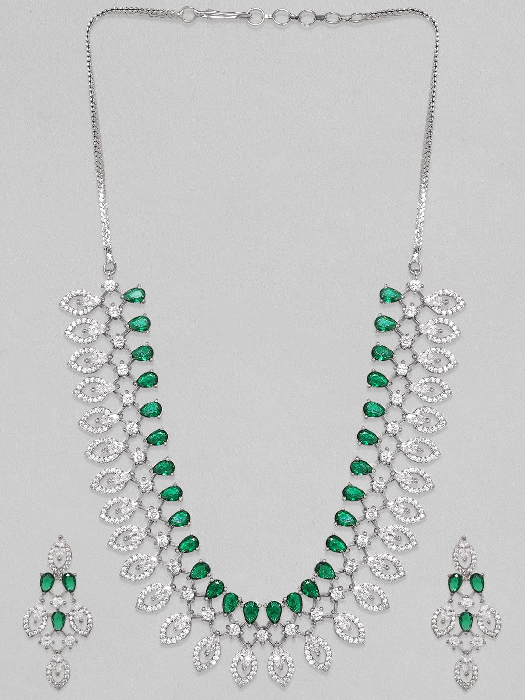 Rubans Rhodium-Plated Premium White & Green Zircons Studded Party Wear Statement Jewellery Set Necklace Set