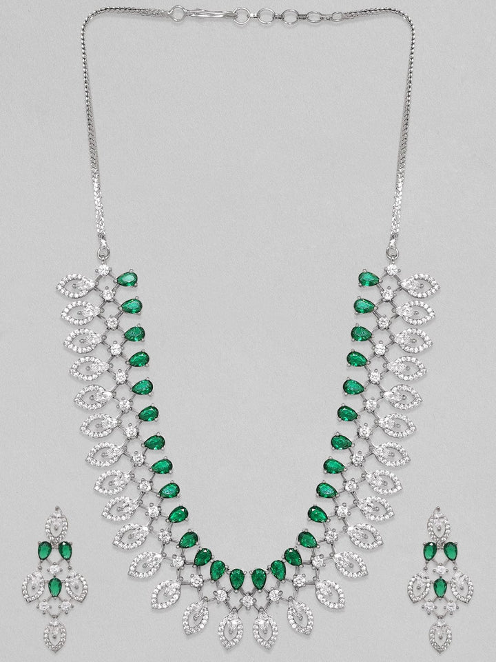 Rubans Rhodium-Plated Premium White & Green Zircons Studded Party Wear Statement Jewellery Set Necklace Set