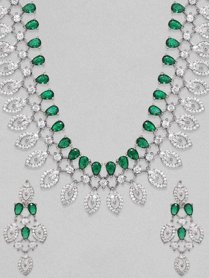 Rubans Rhodium-Plated Premium White & Green Zircons Studded Party Wear Statement Jewellery Set Necklace Set