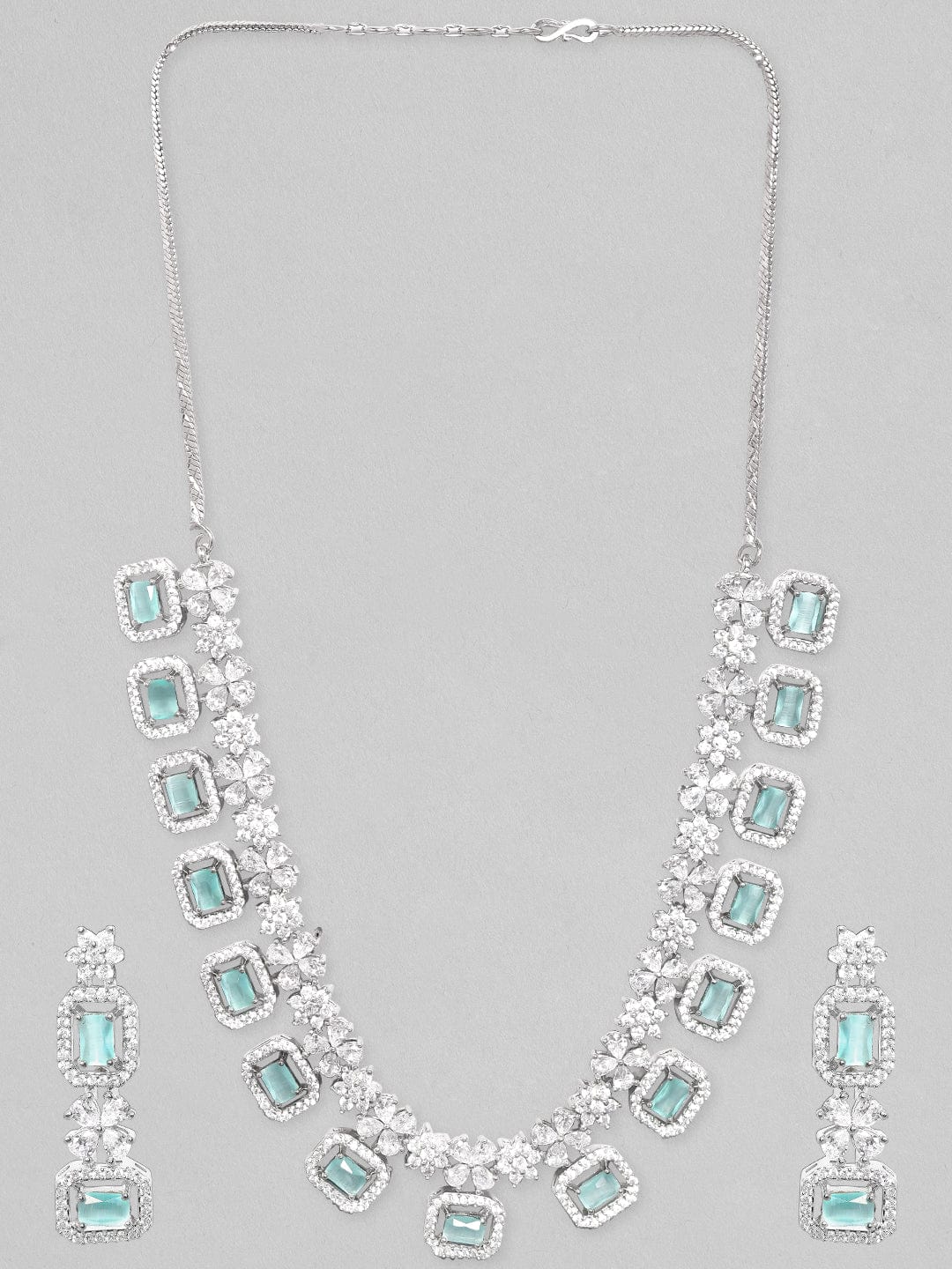 Rubans Rhodium-Plated Premium White & Mint Green Zircons Studded Patterned Statement Party Wear Jewellery Set Necklace Set