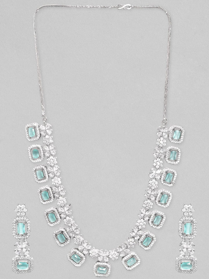 Rubans Rhodium-Plated Premium White & Mint Green Zircons Studded Patterned Statement Party Wear Jewellery Set Necklace Set