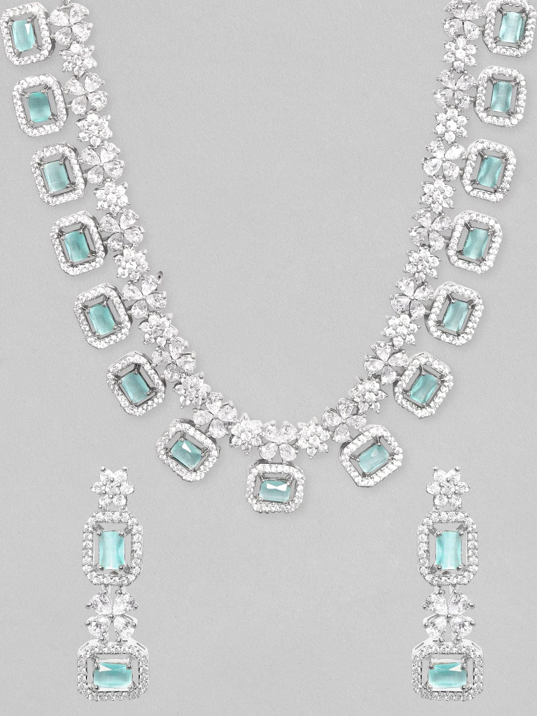 Rubans Rhodium-Plated Premium White & Mint Green Zircons Studded Patterned Statement Party Wear Jewellery Set Necklace Set