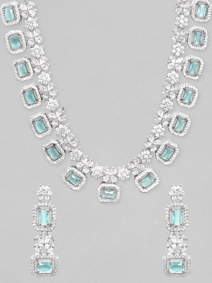 Rubans Rhodium-Plated Premium White & Mint Green Zircons Studded Patterned Statement Party Wear Jewellery Set Necklace Set