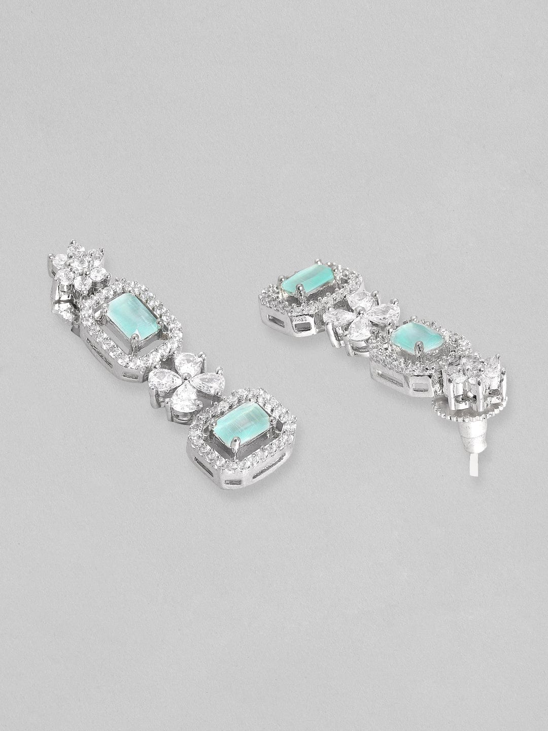 Rubans Rhodium-Plated Premium White & Mint Green Zircons Studded Patterned Statement Party Wear Jewellery Set Necklace Set