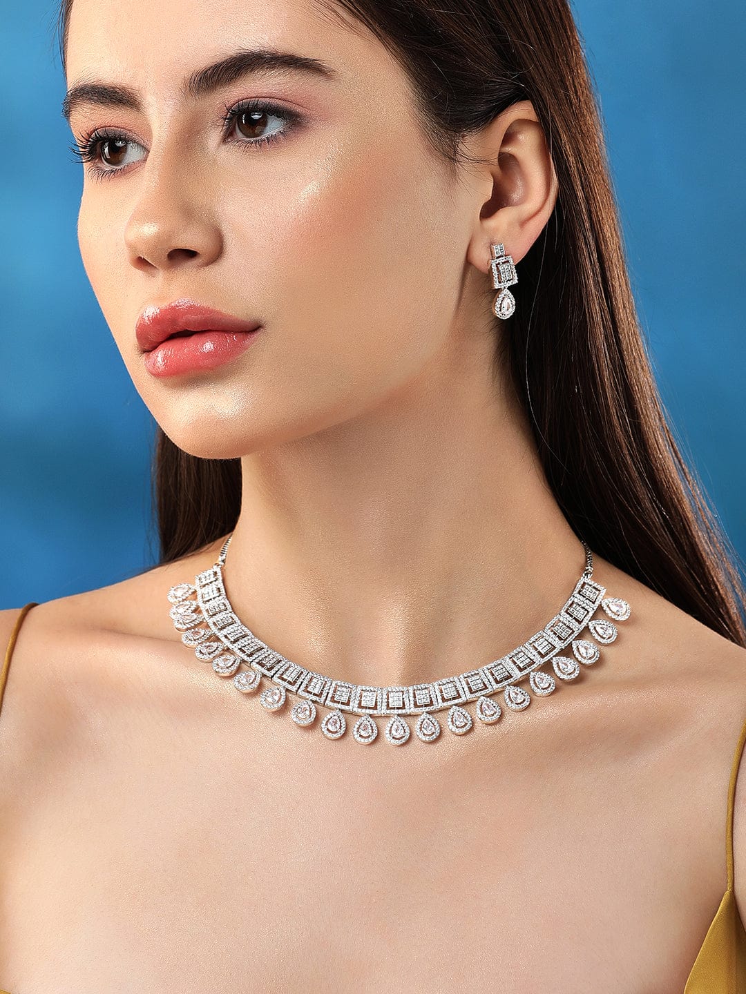 Rubans Rhodium-Plated Premium White Pear & Round Zircons Studded Patterned Statement Jewellery Set Necklace Set