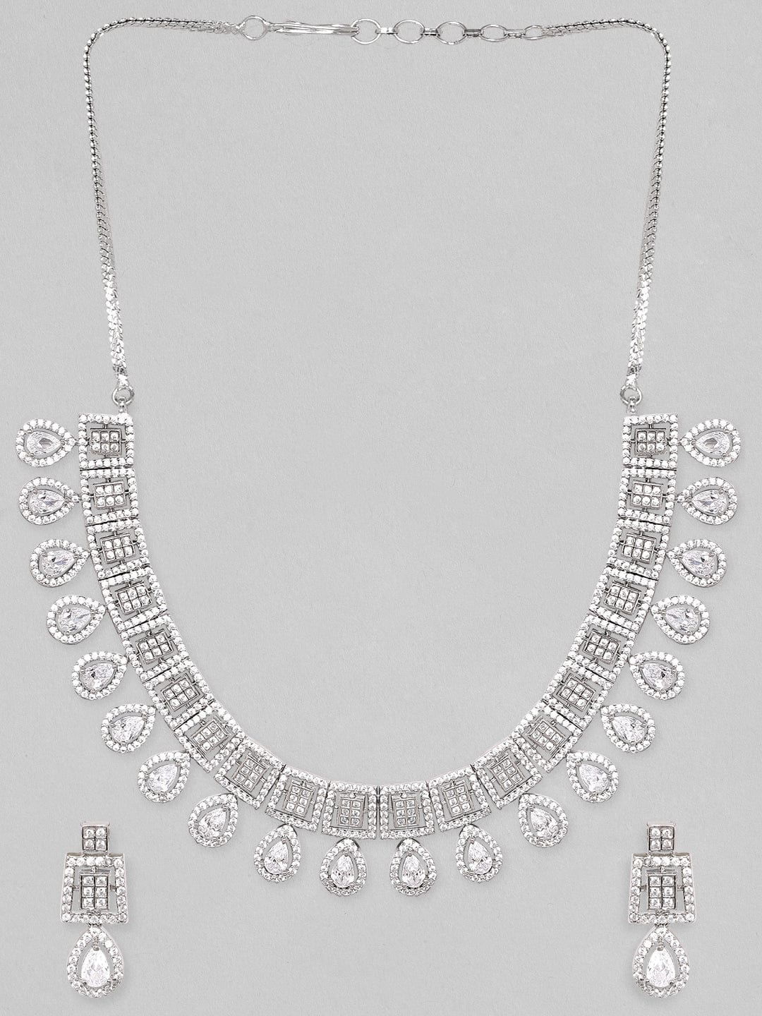 Rubans Rhodium-Plated Premium White Pear & Round Zircons Studded Patterned Statement Jewellery Set Necklace Set