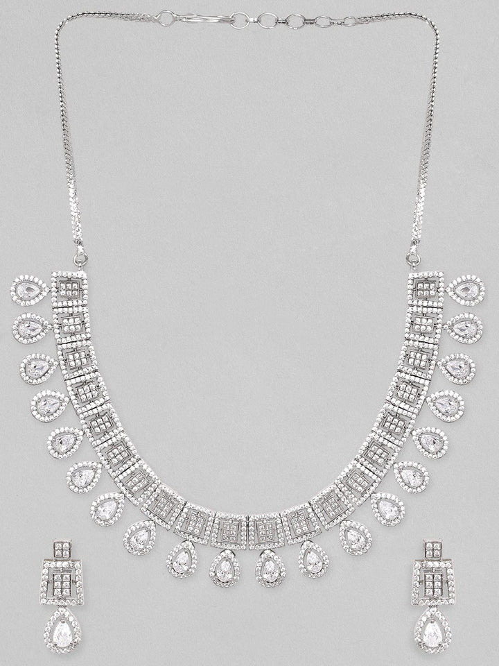 Rubans Rhodium-Plated Premium White Pear & Round Zircons Studded Patterned Statement Jewellery Set Necklace Set