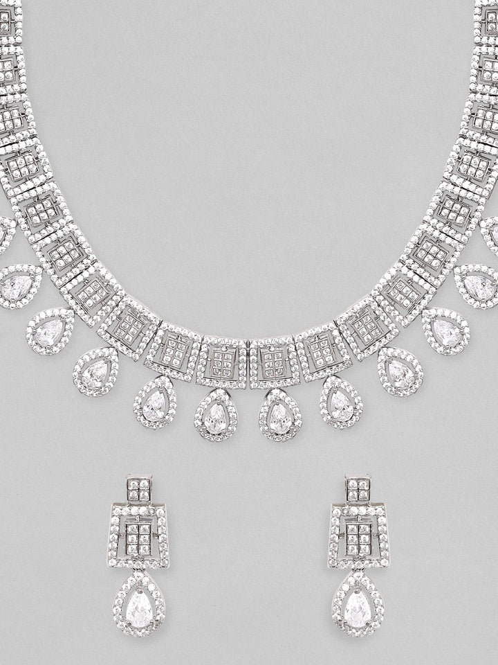 Rubans Rhodium-Plated Premium White Pear & Round Zircons Studded Patterned Statement Jewellery Set Necklace Set