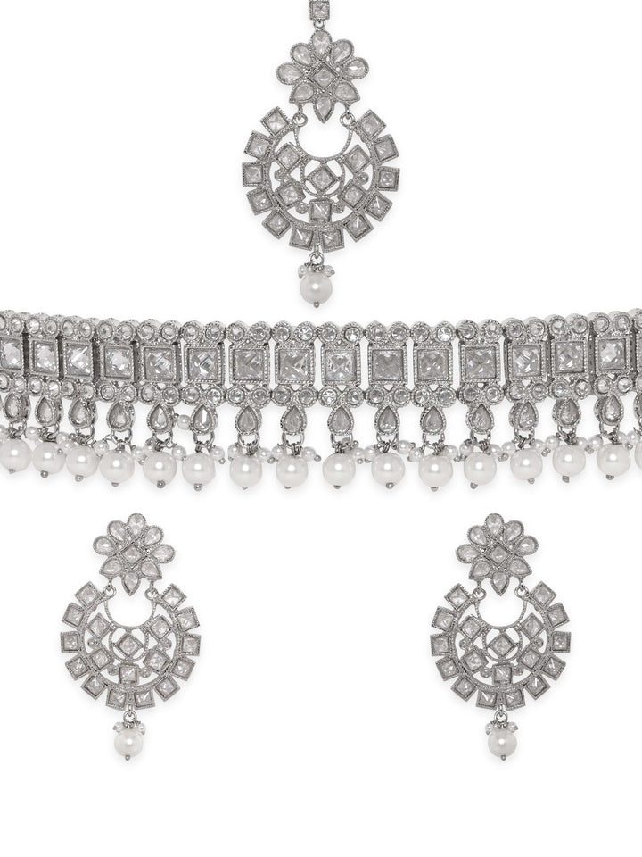 Rubans Rhodium Plated Reverse AD & Pearl beaded Choker Set Jewellery Sets