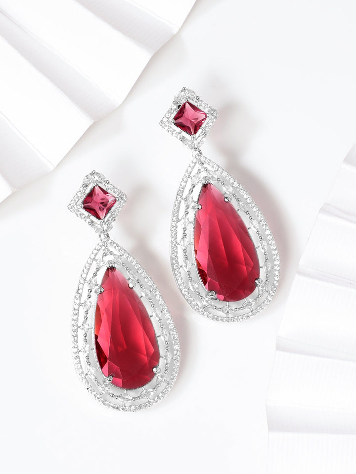 Rubans Rhodium plated Ruby Pink Teardrop Zirconia Statement Drop Earrings Earrings