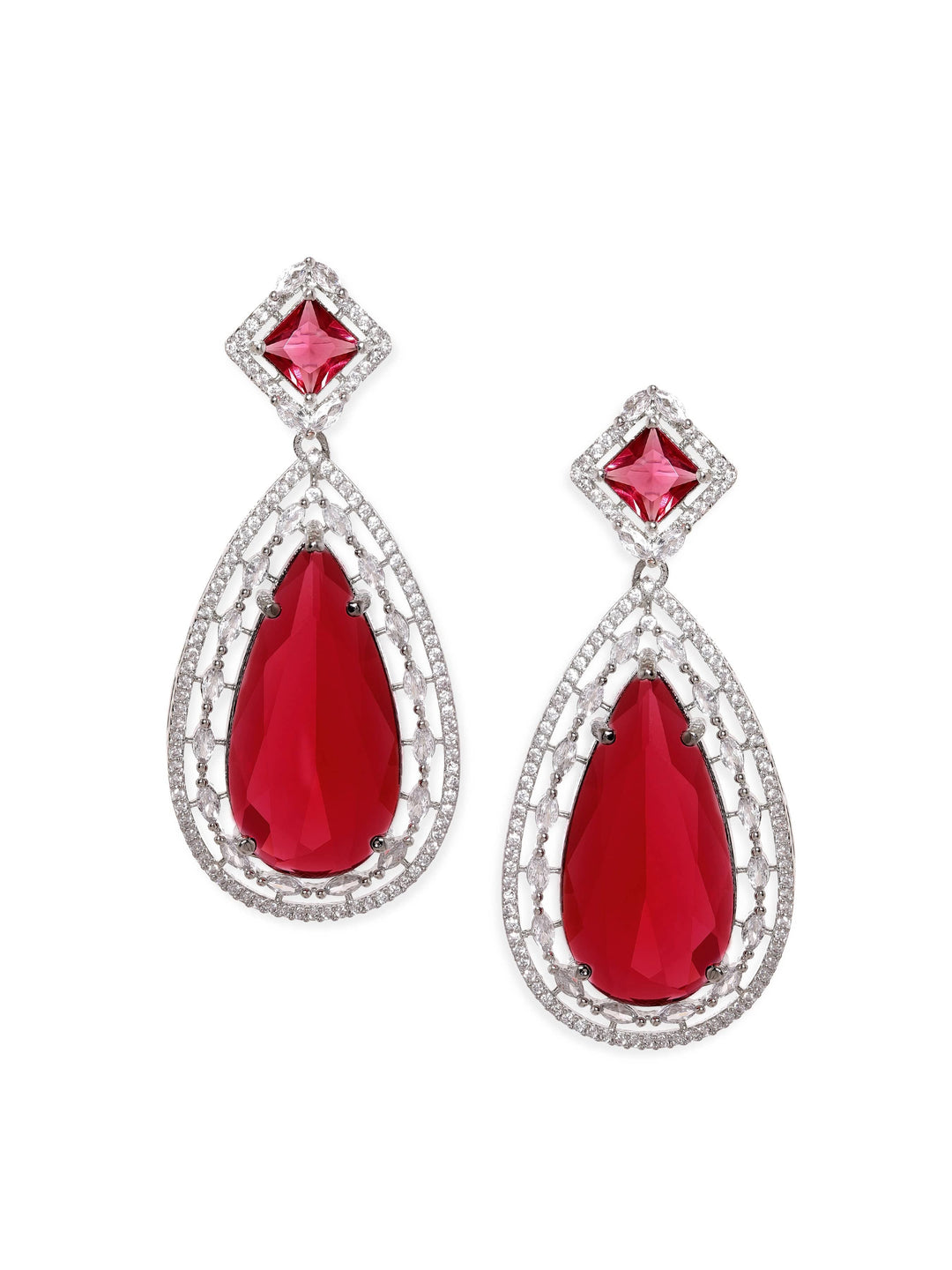 Rubans Rhodium plated Ruby Pink Teardrop Zirconia Statement Drop Earrings Earrings