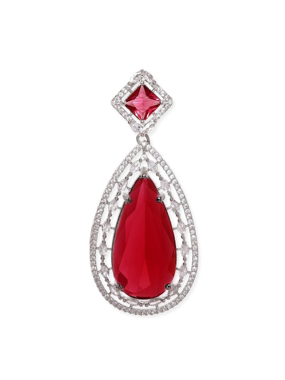 Rubans Rhodium plated Ruby Pink Teardrop Zirconia Statement Drop Earrings Earrings