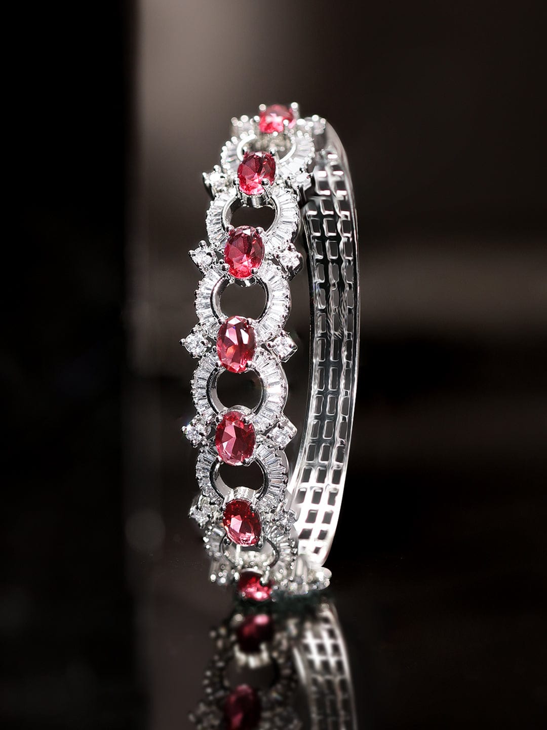 Rubans Rhodium Plated Ruby Red Zirconia studded Contemporary Band Bracelet Bangles & Bracelets