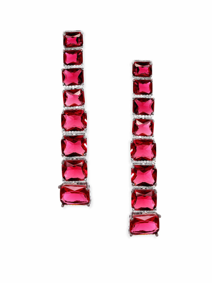 Rubans Rhodium Plated Ruby Red Zirconia studded statement Dangle Earrings Earrings