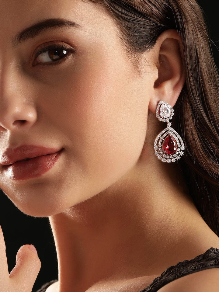 Rubans Rhodium Plated Ruby Red Zirconia Tear drop Chic Earring Earrings