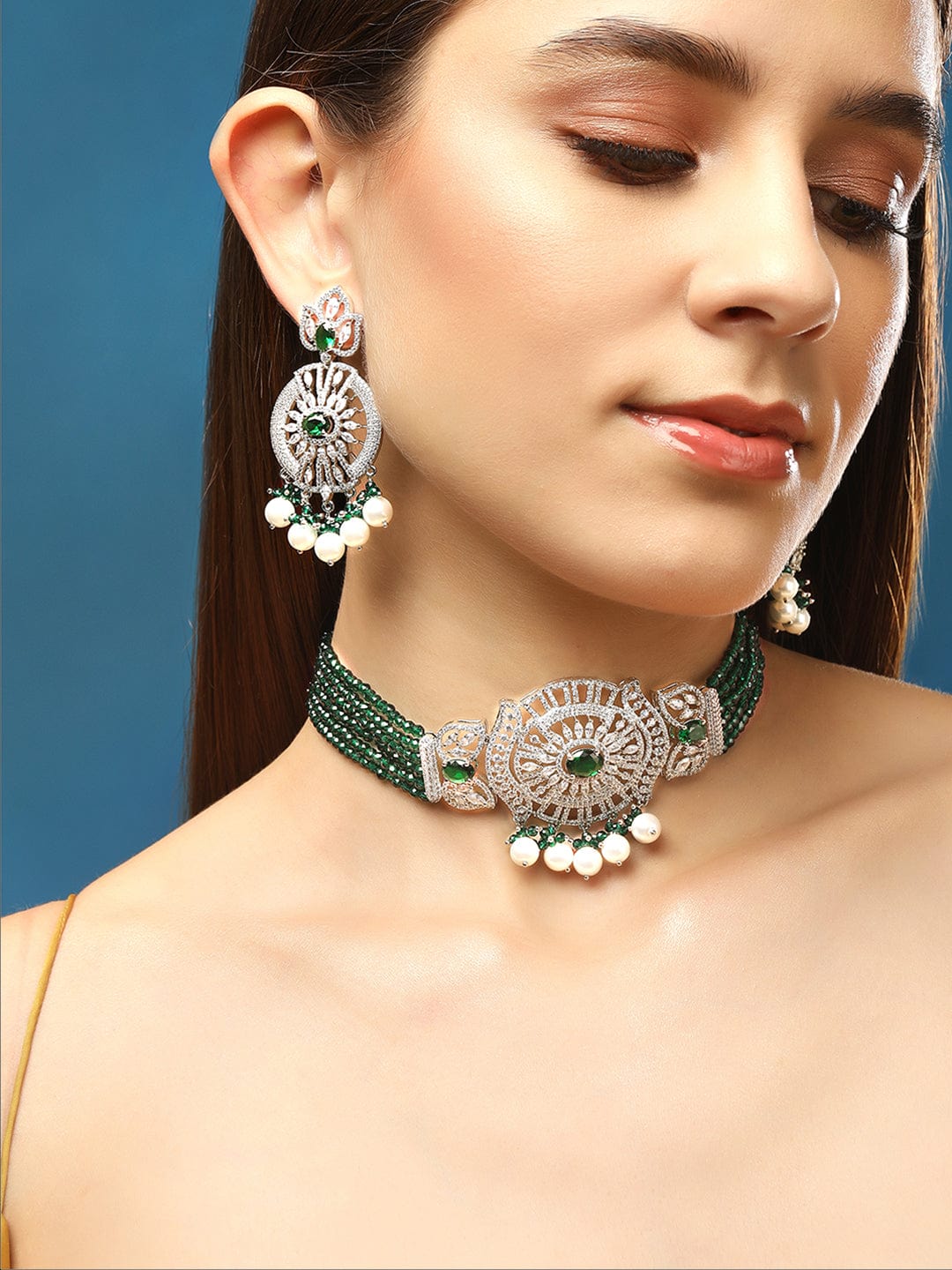 Rubans Rhodium-Plated White & Green Zircons Stones Necklace & Earring Set. Necklace Set