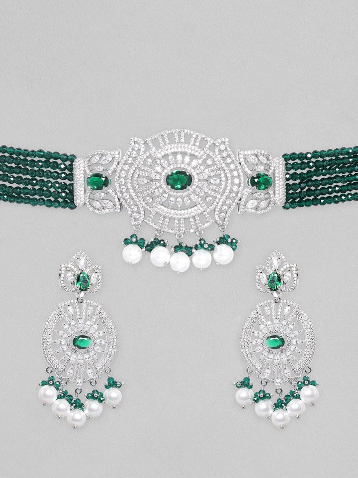 Rubans Rhodium-Plated White & Green Zircons Stones Necklace & Earring Set. Necklace Set