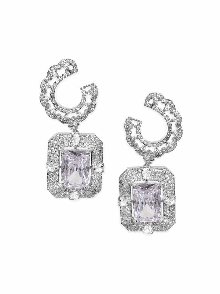 Rubans Rhodium Plated White Zirconia Studded Dangle Earrings Earrings